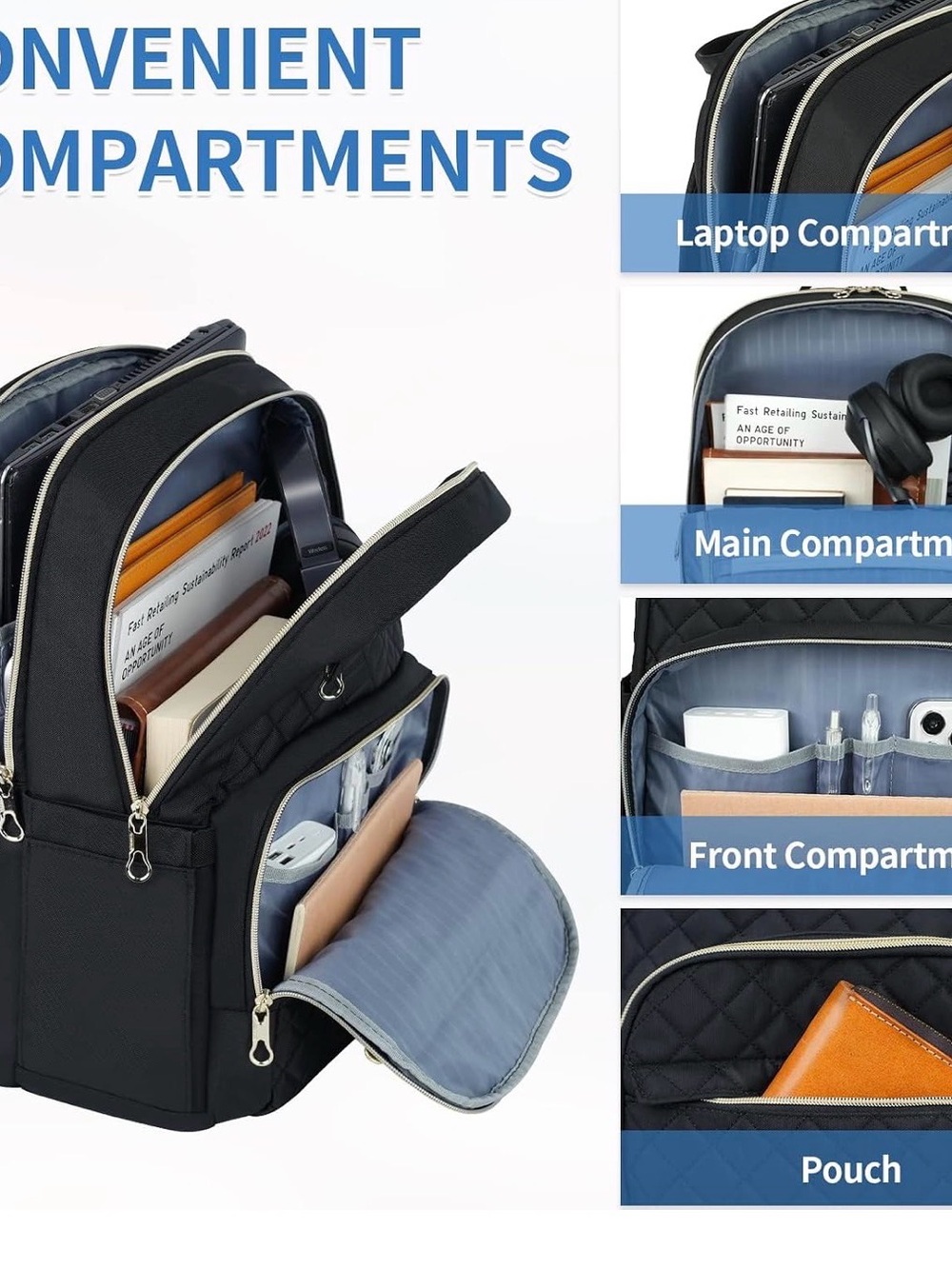 Black Quilted Multi-Compartment Backpack - Picture 3 of 9
